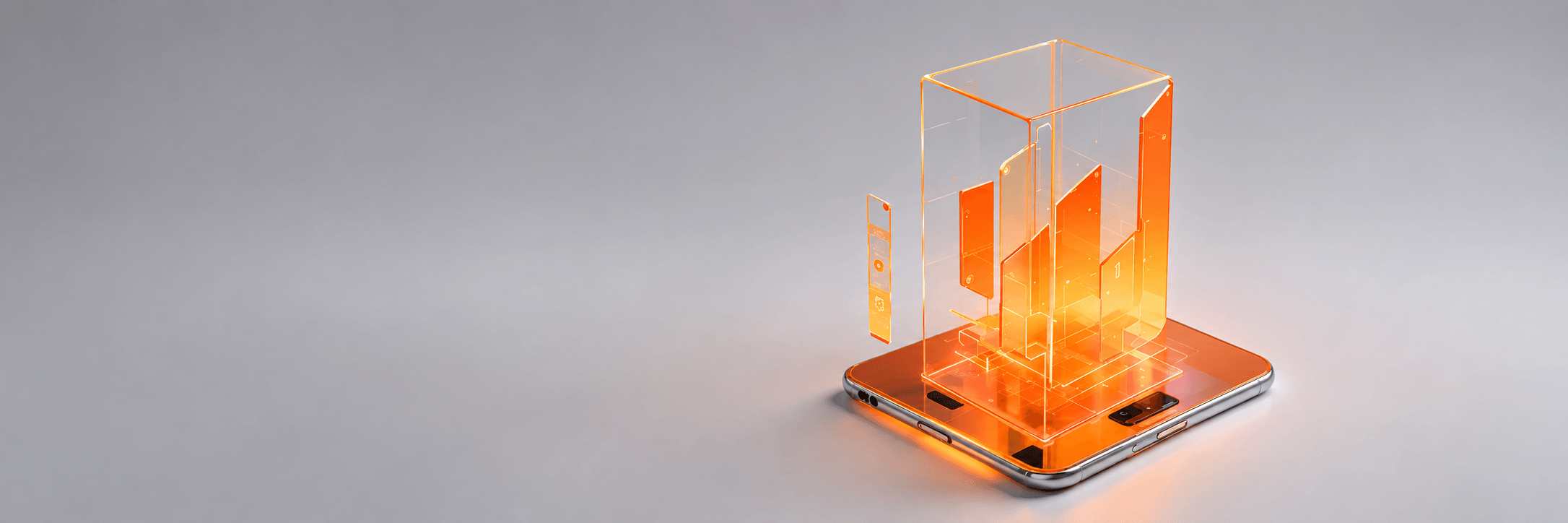 Оранжевая 3D-композиция с графиком на прозрачном смартфоне